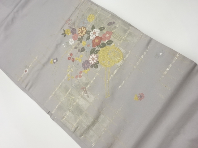 JAPANESE KIMONO / VINTAGE NAGOYA OBI / WOVEN GRID & FLORAL CART